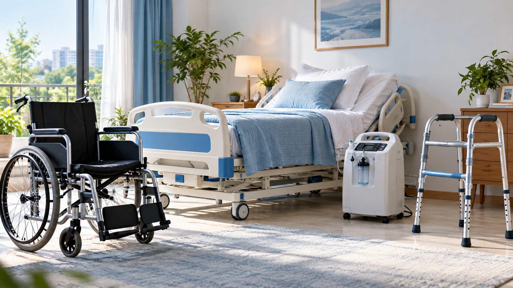 Hospital bed, wheelchair, oxygen concentrator and walker arranged for home medical equipment rental